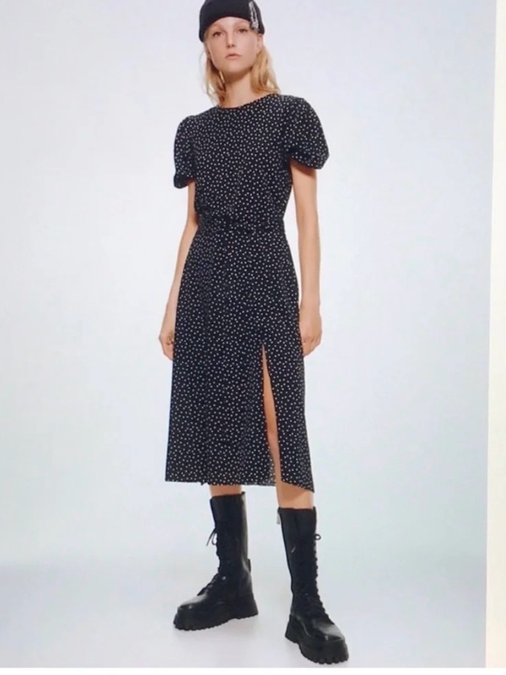 Zara Polka Dot Midi Dress with Puff Sleeves & Belt